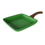 Grøn firkantet grillpande på 28 cm med riller og træhåndtag.