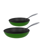 Two green frying pans with stainless steel handles and honeycomb non-stick coating.