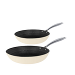 Set of two cream-colored frying pans with honeycomb non-stick coating and stainless steel handles.