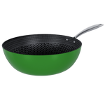 Groene wokpan van roestvrij staal met honingraat antiaanbaklaag en zilverkleurige handgreep, 30 cm.