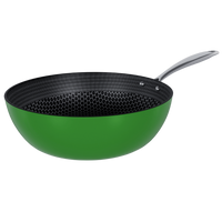 Groene wokpan van roestvrij staal met honingraat antiaanbaklaag en zilverkleurige handgreep, 30 cm.
