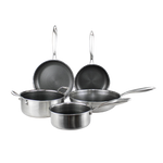 Stainless steel 5-piece cookware set with non-stick coating and various sizes, including saucepans and a cooking pot with handles.