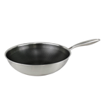 Zilverkleurige wokpan van roestvrij staal met honingraat anti-aanbaklaag, 30 cm diameter.