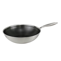 Zilverkleurige wokpan van roestvrij staal met honingraat anti-aanbaklaag, 30 cm diameter.