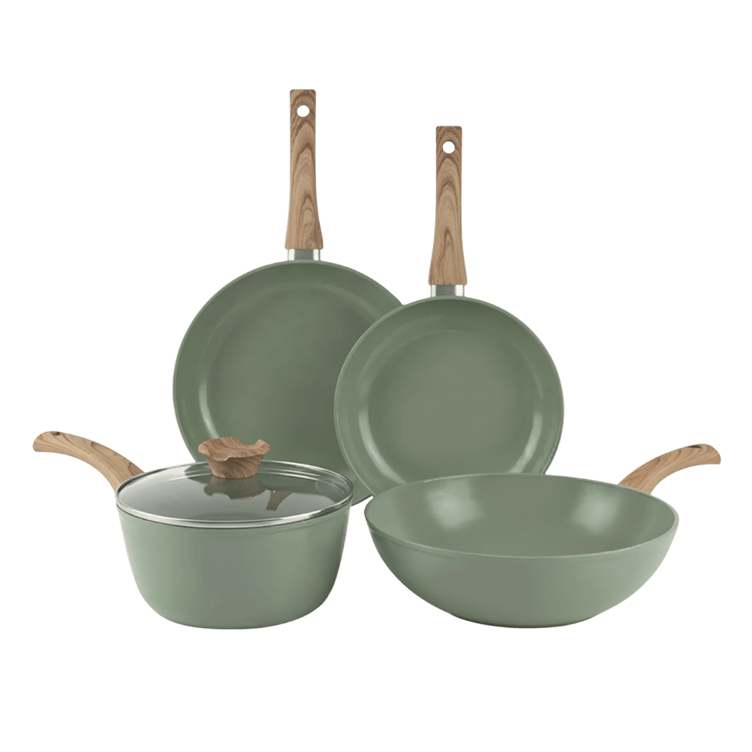 4-teiliges grünes topfset und pfannenset mit Holzgriffen und Glasdeckel.