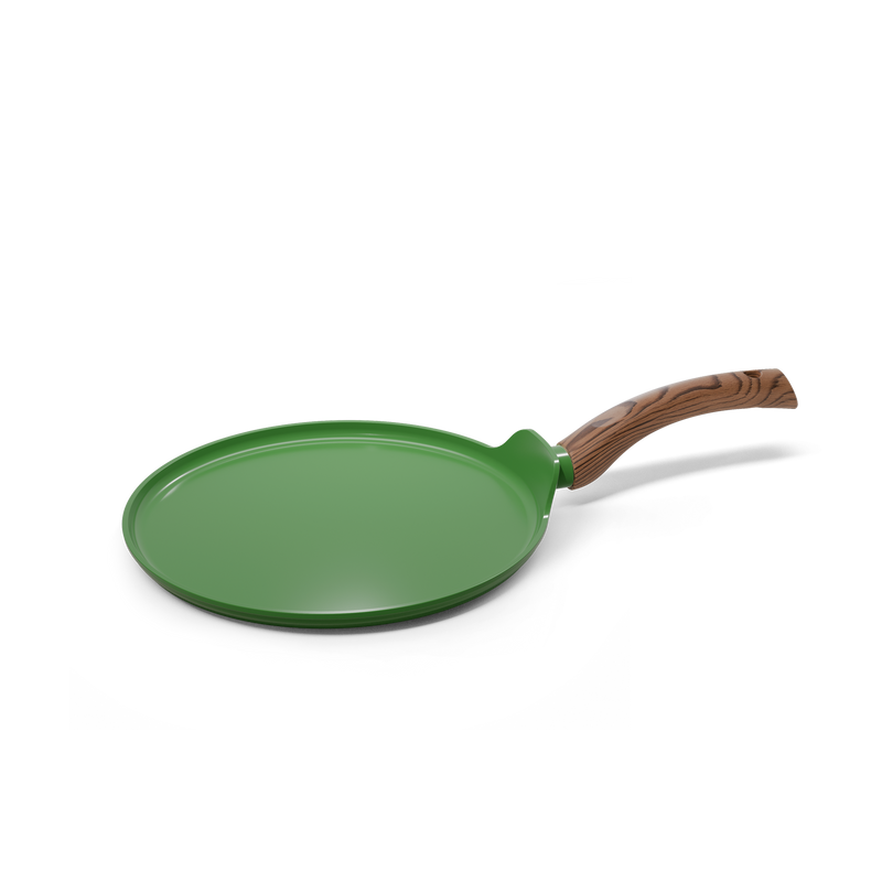Grøn pandekagepande på 28 cm med træhåndtag og non-stick belægning.