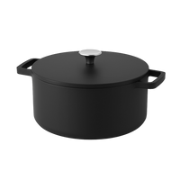 Zwarte gietijzeren braadpan van 24 cm met twee handgrepen en matte dekselknop.