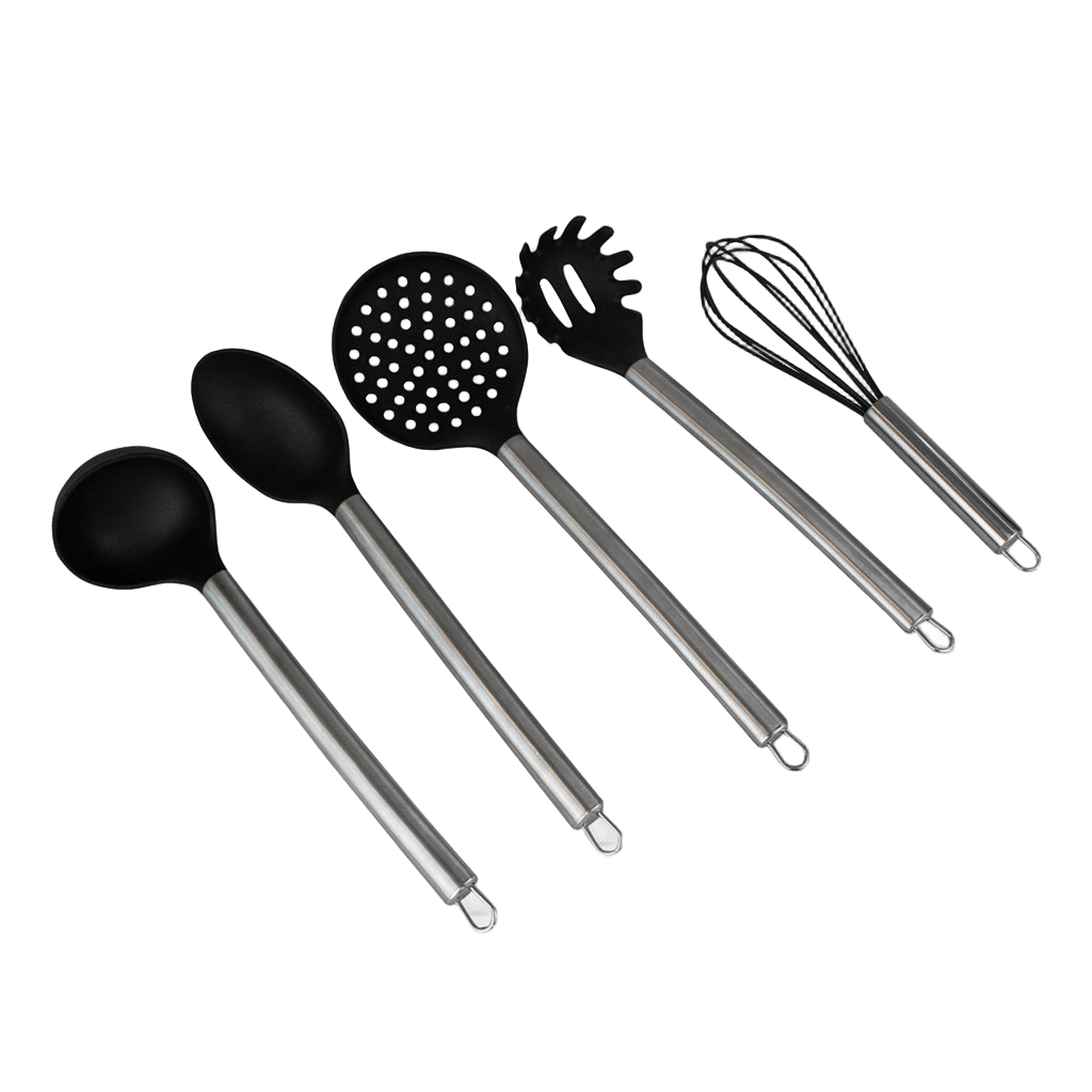 Set of five kitchen utensils with stainless steel handles and black silicone heads, including a whisk, soup ladle, and spatula.