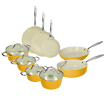 9-delt gel pandesæt med keramisk inderside, glaslåg og rustfri stålhåndtag.