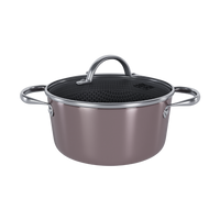 Taupekleurige RVS kookpan van 24 cm met hittebestendige glazen deksel en dubbele handgrepen.