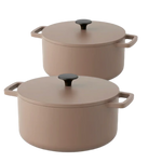 Taupe-colored cast iron casserole set with lids and black knobs, 2-piece.