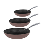 3-piece stainless steel frying pan set with taupe-colored exterior and honeycomb-structured non-stick coating.