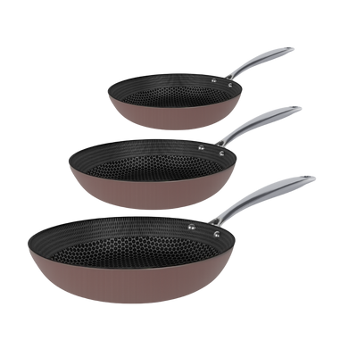 3-piece stainless steel frying pan set with taupe exterior and honeycomb-patterned non-stick coating.