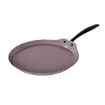 Poêle à crêpes taupe de 28 cm avec revêtement antiadhésif et poignée noire.