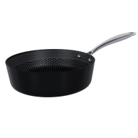 Zwarte hapjespan 24 cm met honingraat anti-aanbaklaag en RVS handgreep.