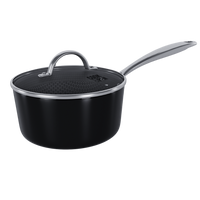 Zwarte 18 cm steelpan van roestvrij staal met antikleeflaag en glazen deksel met stoomgaatjes.
