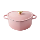 Roze gietijzeren braadpan met hartvormig deksel en gouden knop, 20 cm.