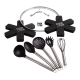 Cook & Pan black 12-piece accessory bundle with 5 utensils, 6 pan protectors and 30 cm glass lid.