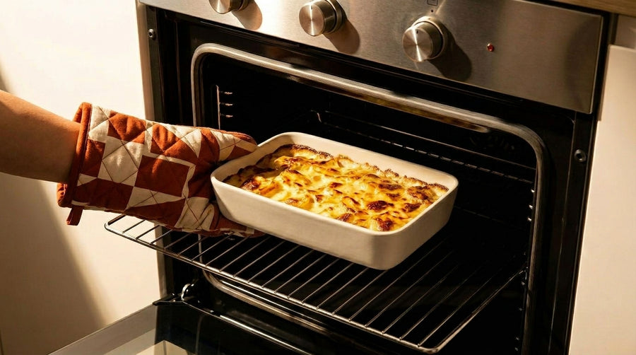 Hand met ovenwant plaatst crèmekleurige Cook & Pan ovenschaal met gratin in de oven