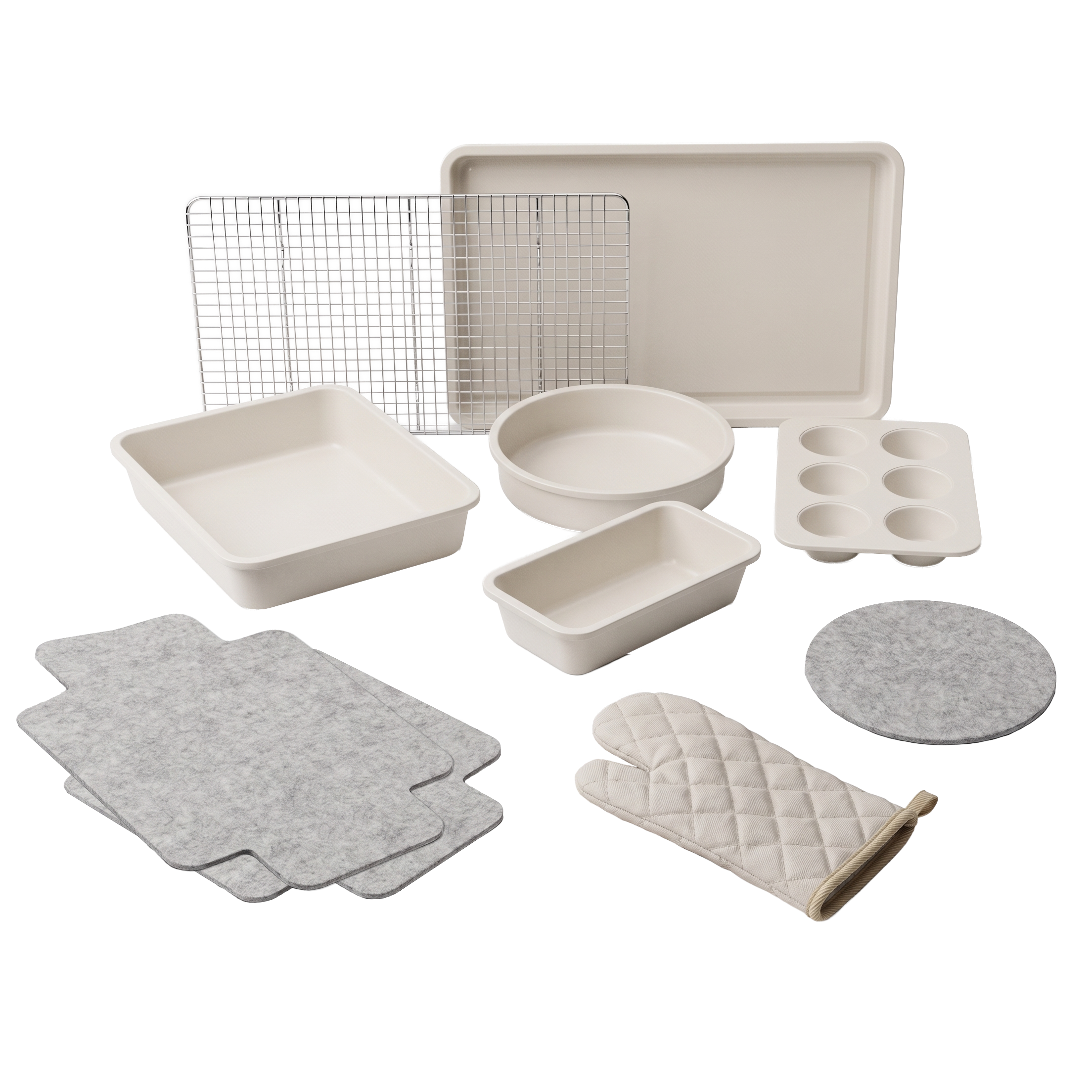 Negendelige ivoorkleurige bakset met bakplaten, muffinvorm, ronde bakvorm, ovenschaal, grillrooster, pannenlap en.