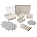 Negendelige ivoorkleurige bakset met bakplaten, muffinvorm, ronde bakvorm, ovenschaal, grillrooster, pannenlap en.