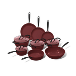 Cherry pannenset 9-delig: bordeauxrode keramische koekenpannen, kookpannen met glazen deksels, steelpan, hapjespan en wokpan