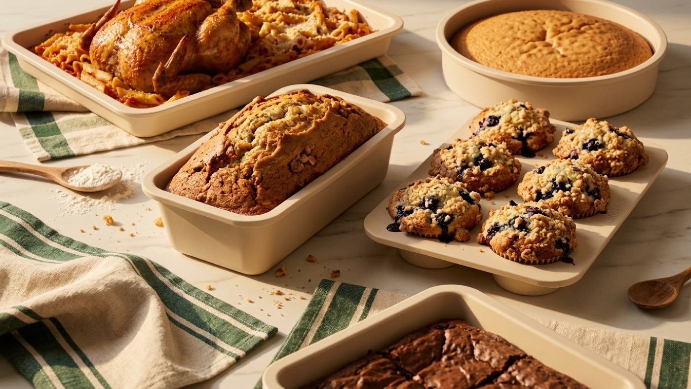 Bananenbrood en blueberry muffins die loslaten uit bakvormen van Cook & Pan zonder bakpapier