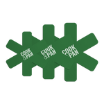 Ensemble de trois protège-poêles verts avec design en croix et impression de logo blanc.