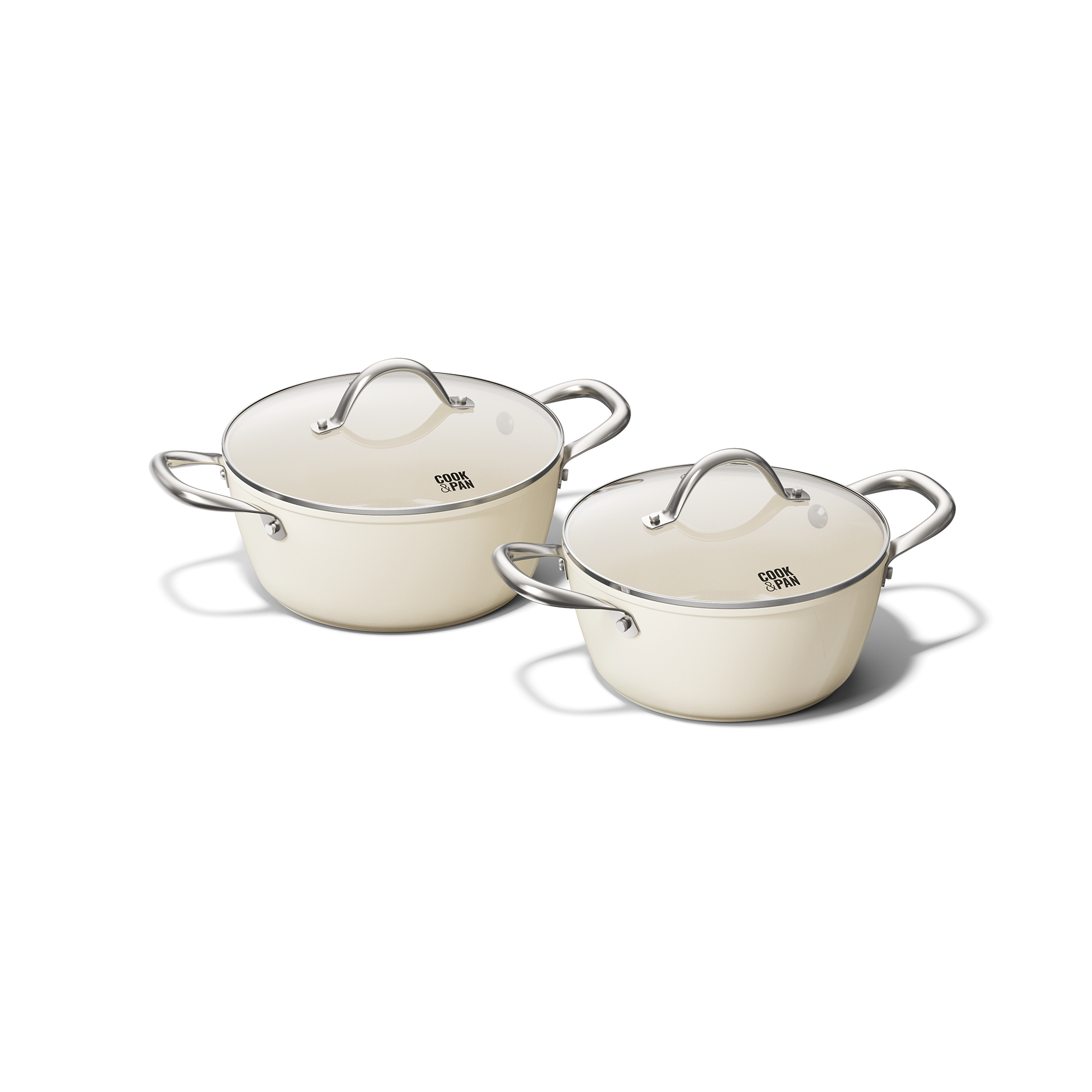 Set van twee ivoorkleurige pannen met rvs handvatten en deksels, modern design.