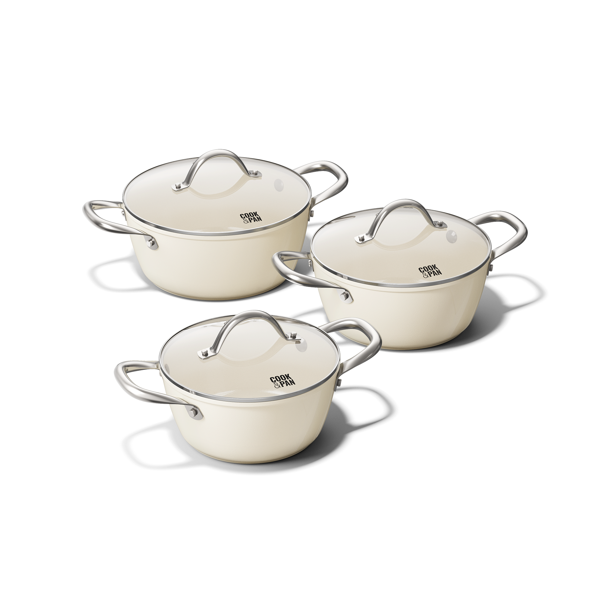 Ivory-colored 3-piece cookware set with stainless steel handles and matching lids.