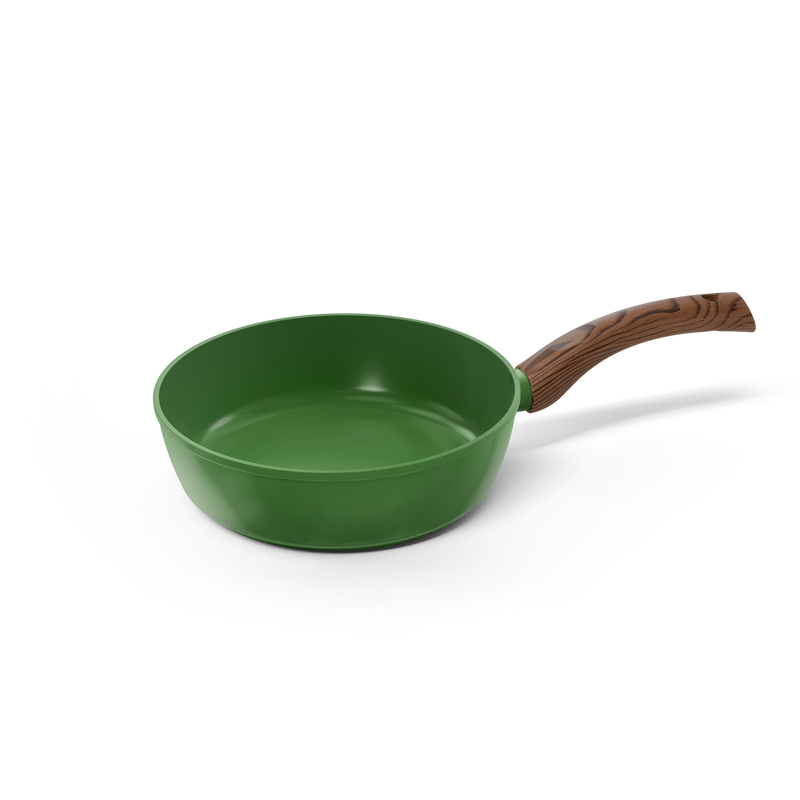 Grøn sautépande på 28 cm med træhåndtag og non-stick belægning.