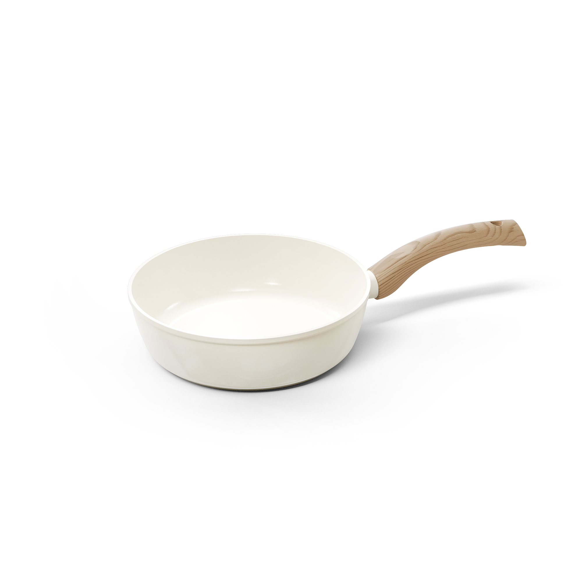 White 24 cm sauté pan with smooth interior and wooden handle.
