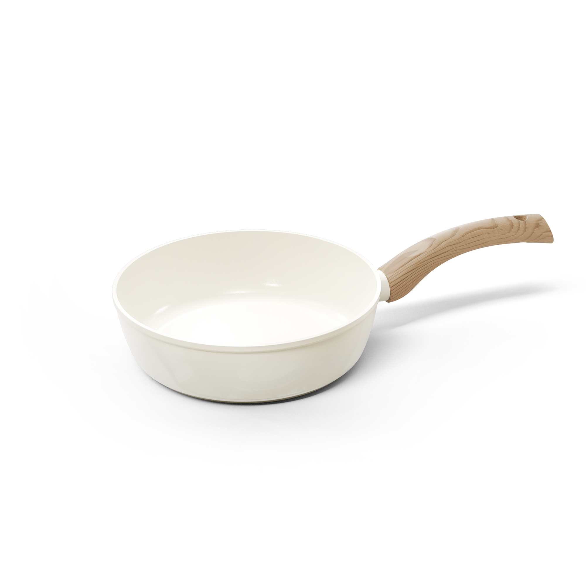 White ceramic sauté pan 28 cm with wooden handle and smooth interior.