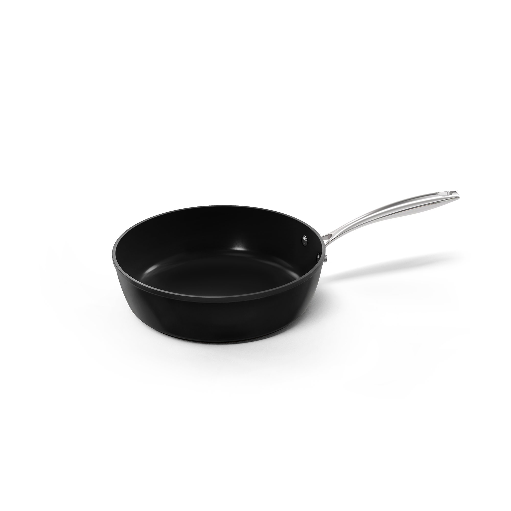 Black sauté pan with straight sides and long stainless steel handle, 24 cm.