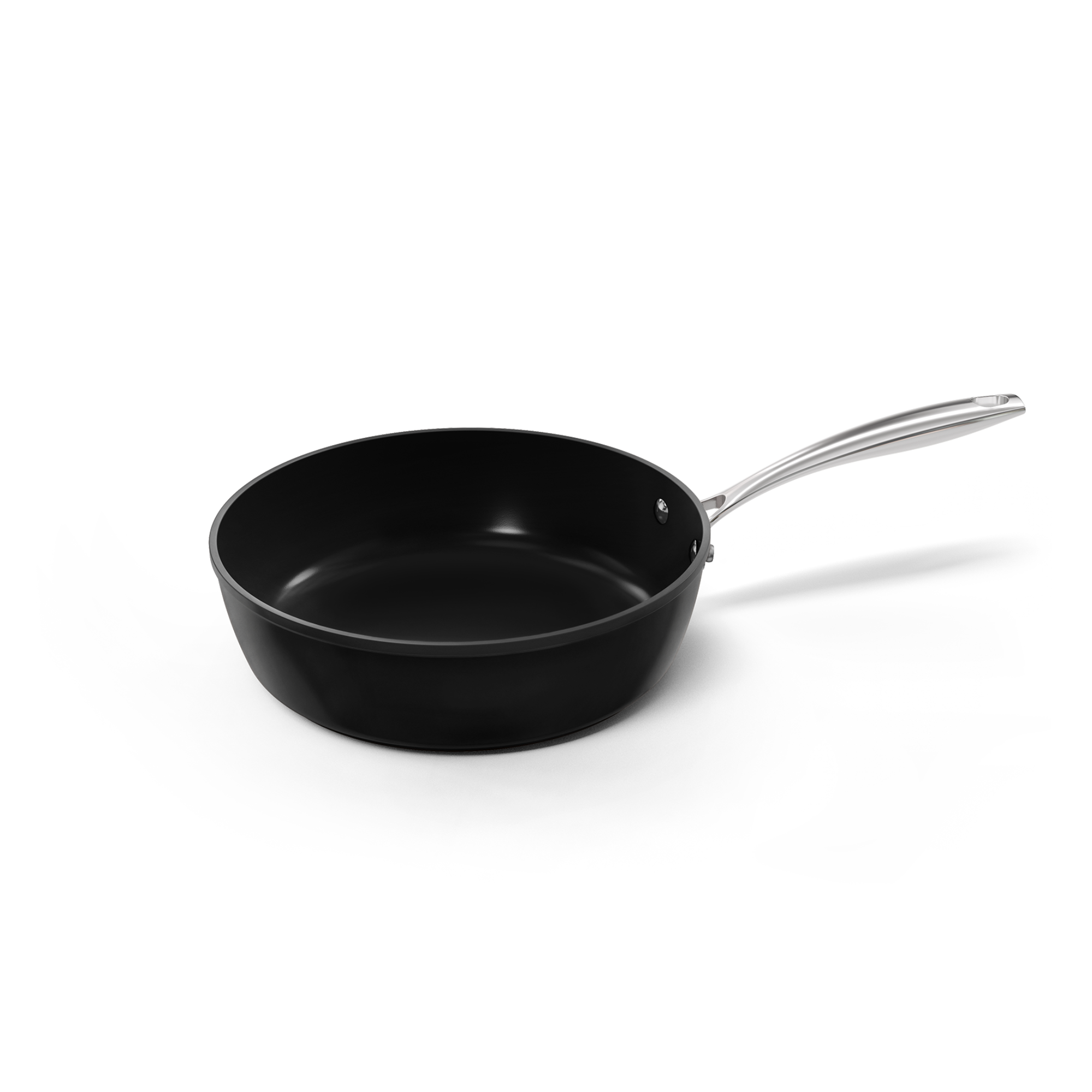 Sauteuse noire de 28 cm avec longue poignée en acier inoxydable et revêtement antiadhésif.