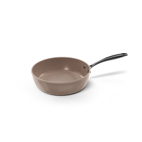 Taupe hapjespan 24 cm met lange zwarte handgreep en antiaanbaklaag.