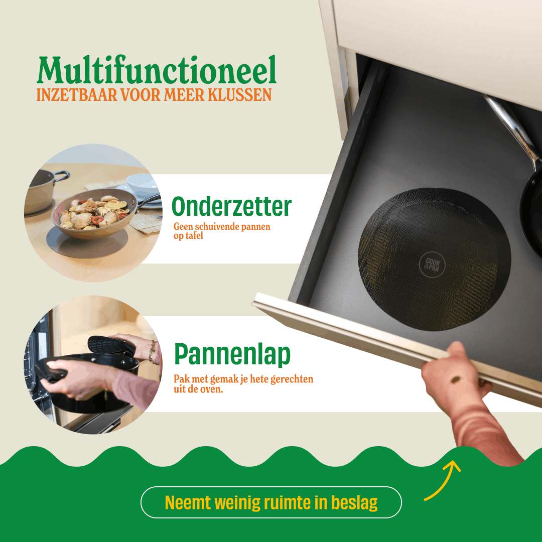 Infografik der Signature Induktionsschutzplatten mit Anwendungen als Untersetzer und Topflappen