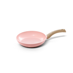Pink 20 cm frying pan with wooden handle, non-stick coating and round shape.