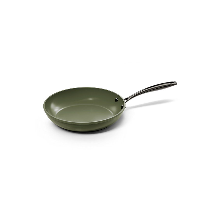Dark green frying pan 20 cm with smooth non-stick coating and black handle.