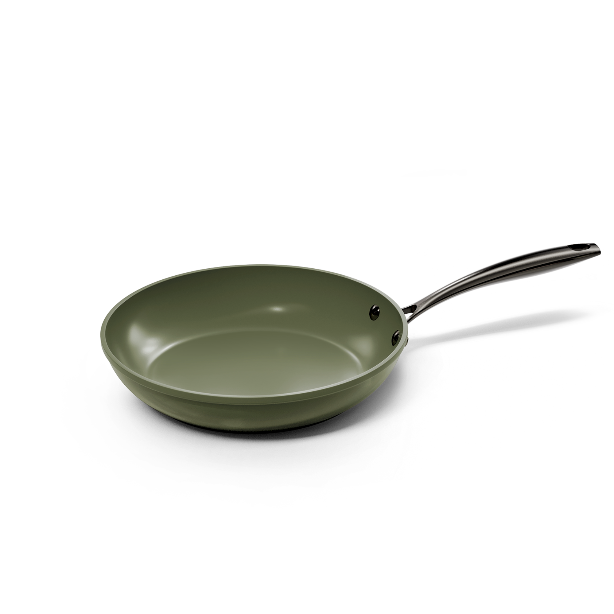 Dark green 28 cm frying pan with long metal handle and non-stick coating.