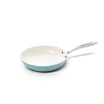 Blue frying pan 24 cm with white non-stick coating and metal handle.
