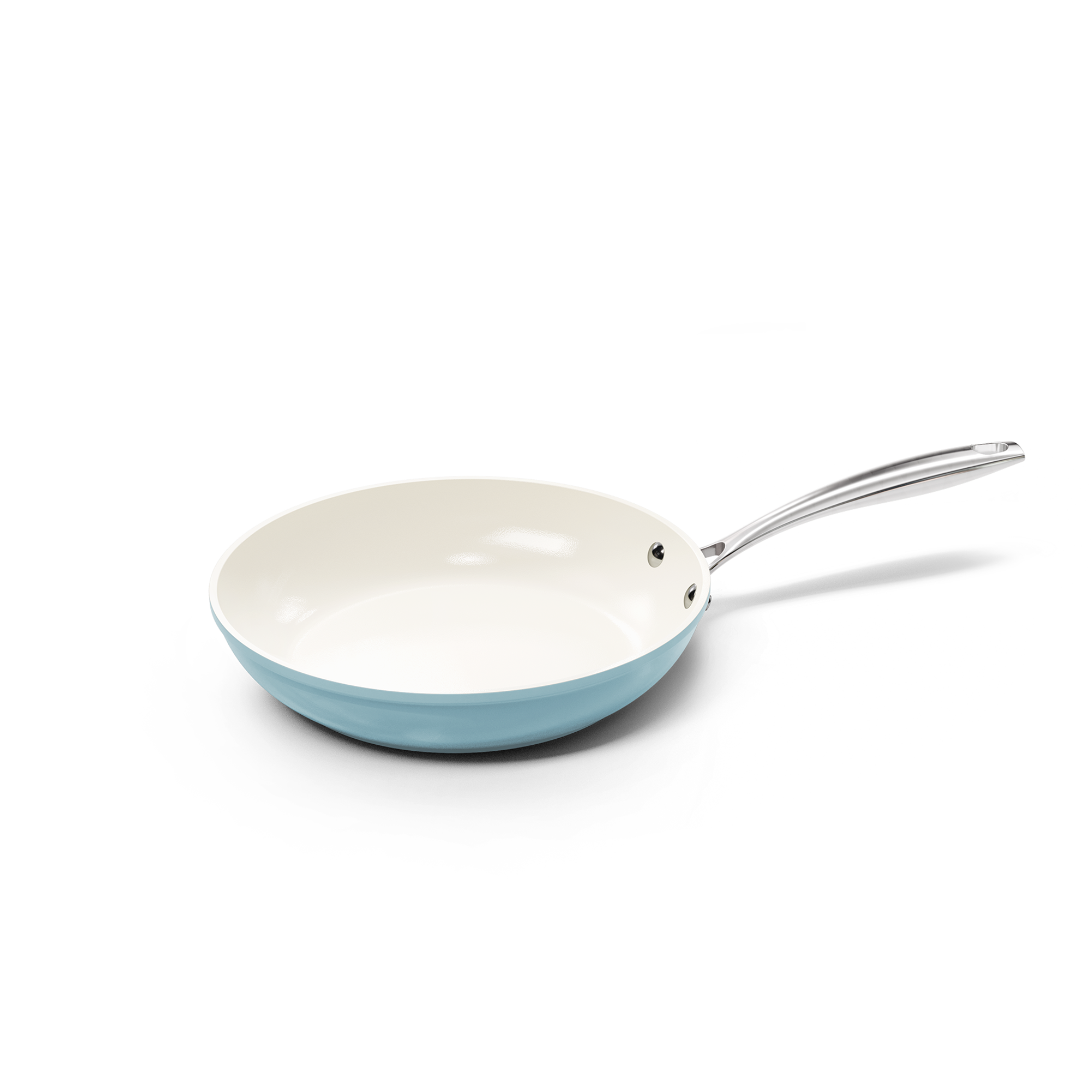 Poêle bleue de 24 cm avec revêtement antiadhésif blanc et poignée métallique.