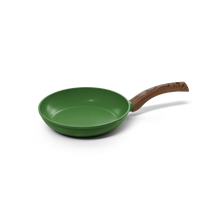 Groene koekenpan met antiaanbaklaag en handvat in houtlook, doorsnede 24 cm.