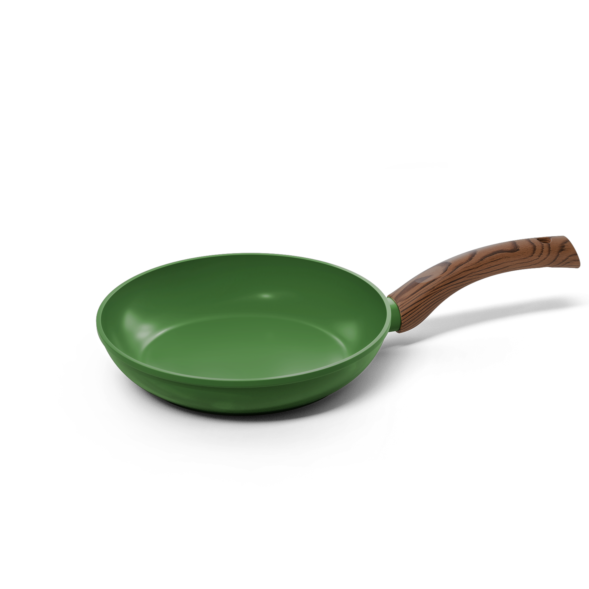 Poêle verte de 28 cm avec poignée en bois et revêtement antiadhésif.