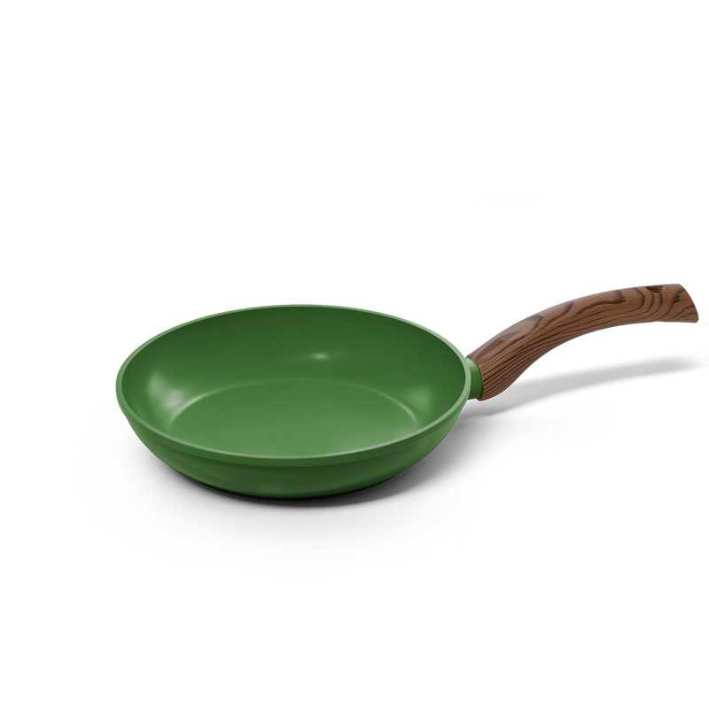 Poêle verte de 28 cm avec poignée en bois et revêtement antiadhésif.