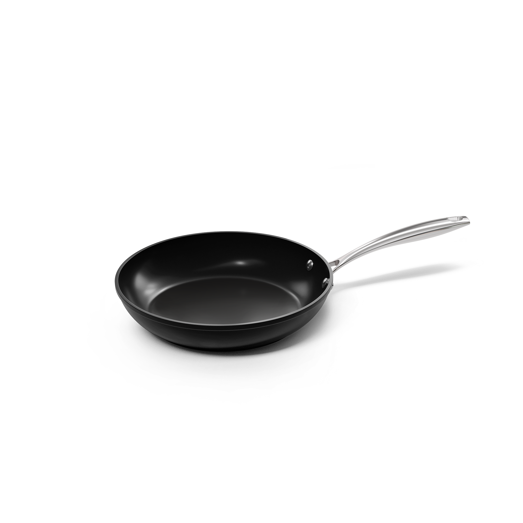 Zwarte anti-aanbak koekenpan met ronde bodem en zilverkleurig handvat van 20 cm.