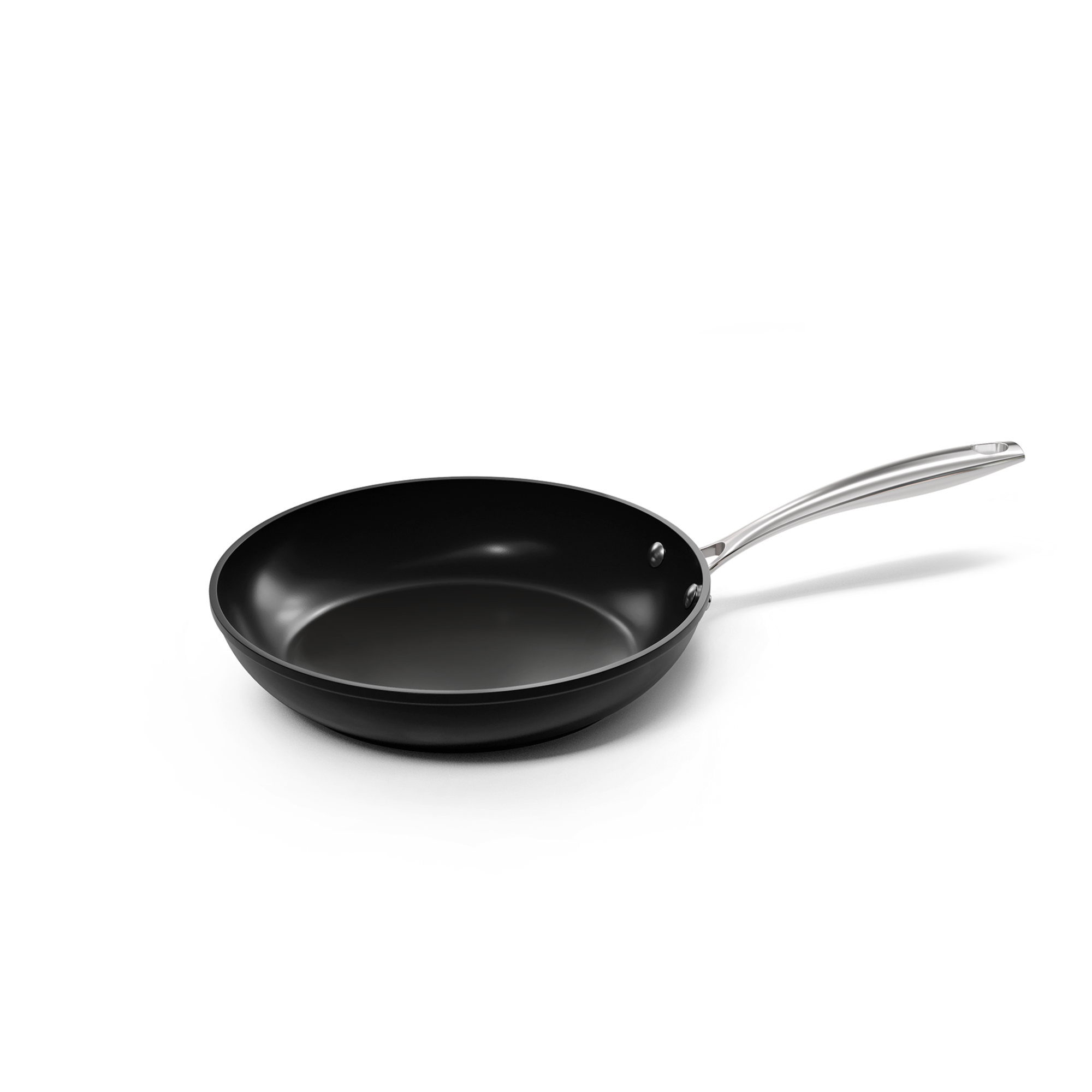 Poêle noire de 24 cm avec revêtement antiadhésif et poignée en acier inoxydable.