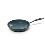 28 cm grijze koekenpan met lange metalen handgreep en antiaanbaklaag.
