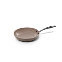 Taupe keramische koekenpan 20 cm met zwarte handgreep en afgeronde rand.