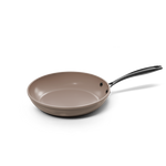 Taupe-colored 28 cm frying pan with non-stick coating and black handle.